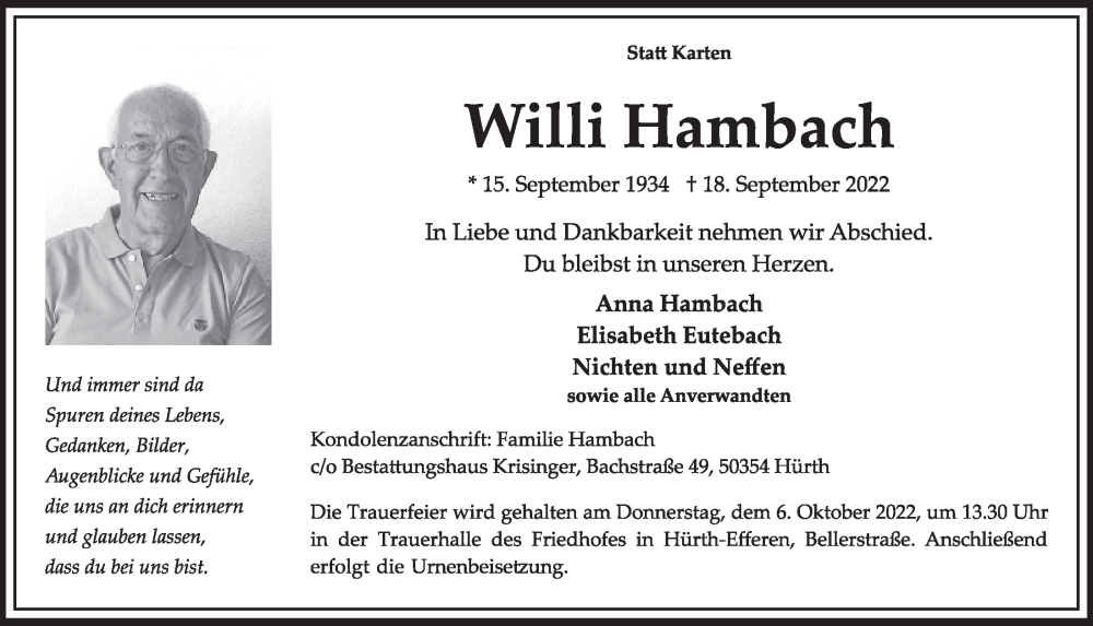  Traueranzeige für Willi Hambach vom 30.09.2022 aus  Wochenende 