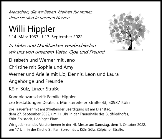 Anzeige von Willi Hippler von Kölner Stadt-Anzeiger / Kölnische Rundschau / Express