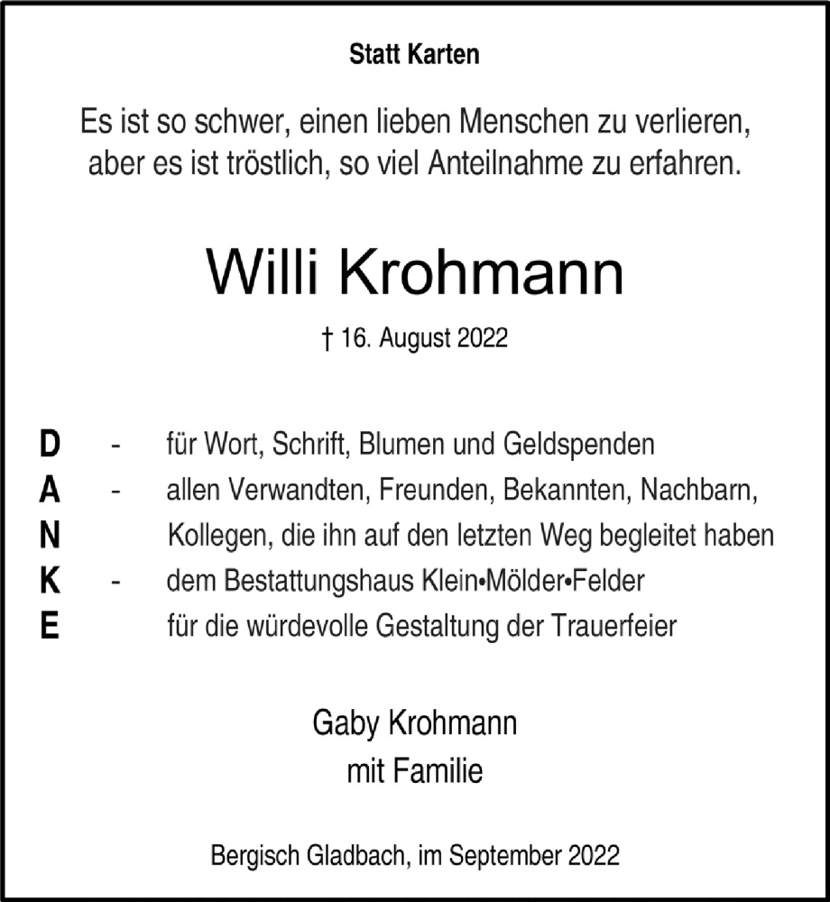  Traueranzeige für Willi Krohmann vom 09.09.2022 aus  Bergisches Handelsblatt 