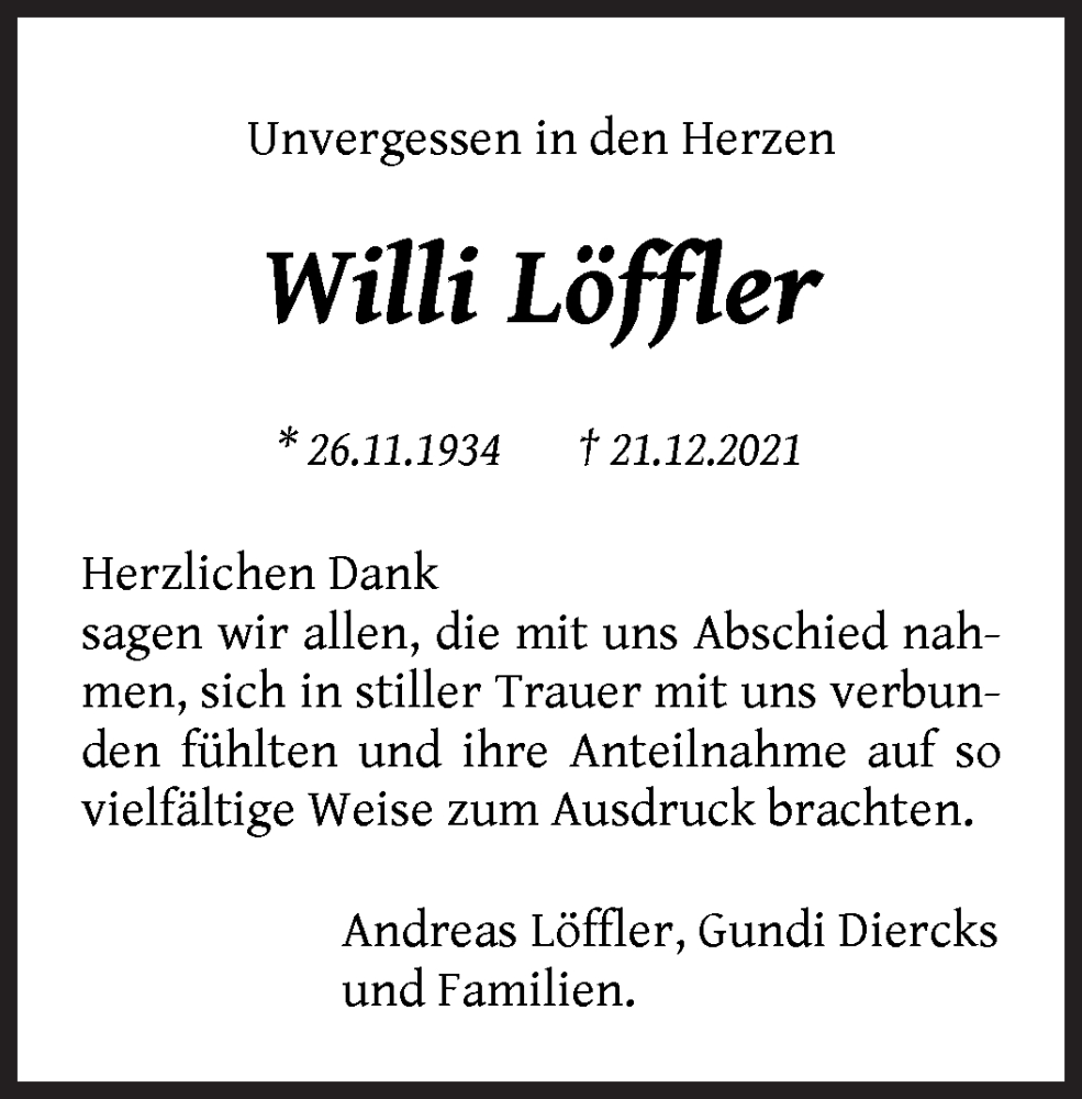  Traueranzeige für Willi Löffler vom 24.01.2022 aus Kölner Stadt-Anzeiger / Kölnische Rundschau / Express