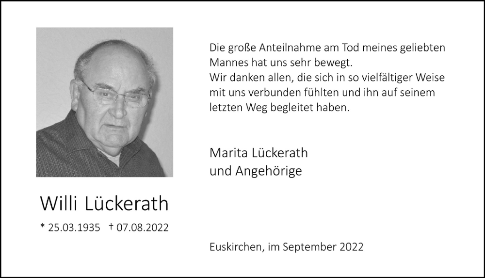  Traueranzeige für Willi Lückerath vom 10.09.2022 aus  Blickpunkt Euskirchen 