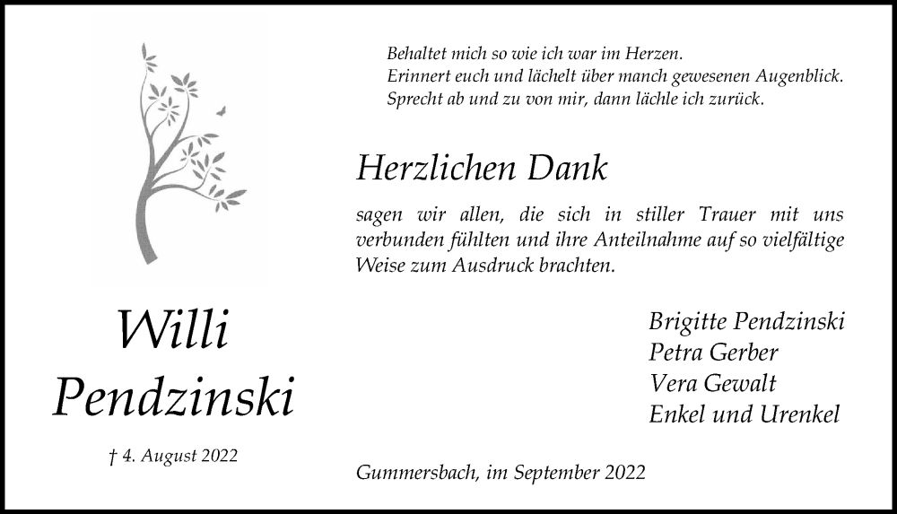  Traueranzeige für Willi Pendzinski vom 16.09.2022 aus  Anzeigen Echo 
