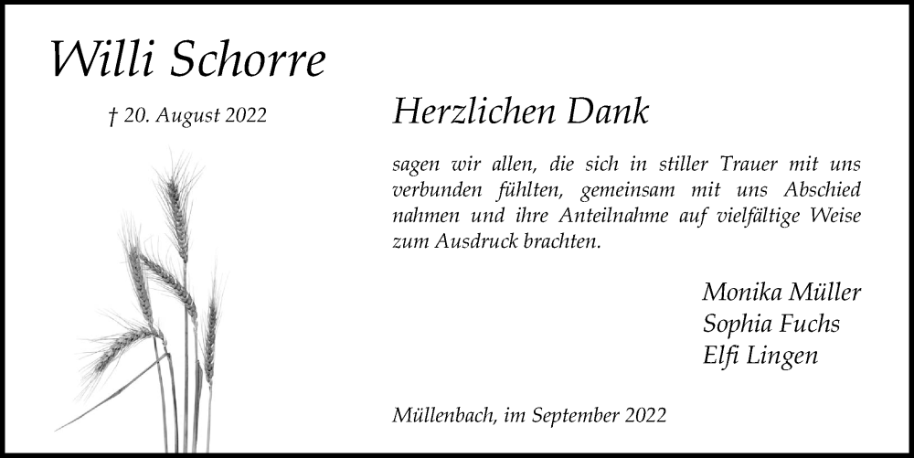  Traueranzeige für Willi Schorre vom 23.09.2022 aus  Anzeigen Echo 