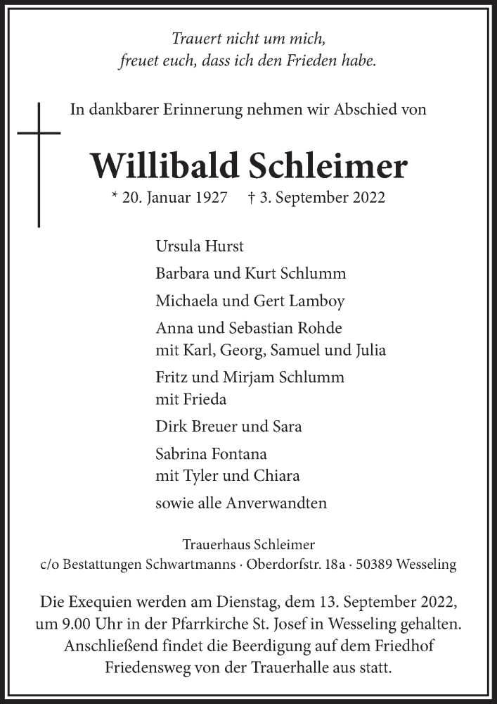  Traueranzeige für Willibald Schleimer vom 09.09.2022 aus  Schlossbote/Werbekurier 
