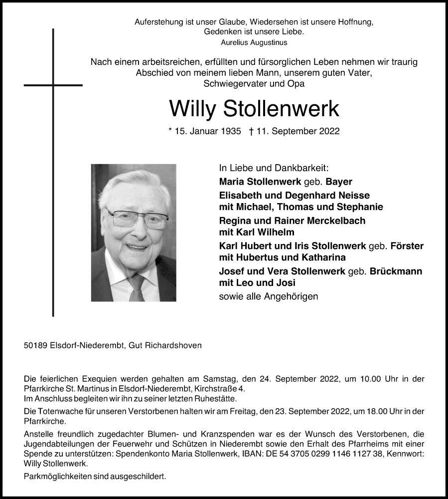  Traueranzeige für Willy Stollenwerk vom 17.09.2022 aus Kölner Stadt-Anzeiger / Kölnische Rundschau / Express