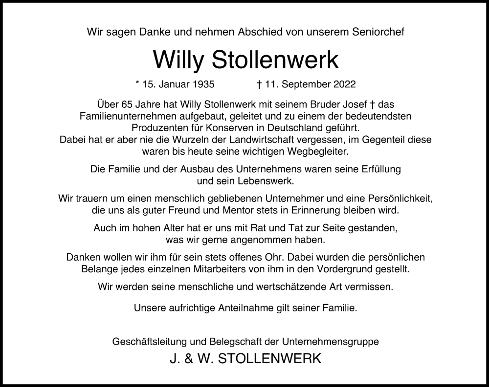  Traueranzeige für Willy Stollenwerk vom 17.09.2022 aus Kölner Stadt-Anzeiger / Kölnische Rundschau / Express
