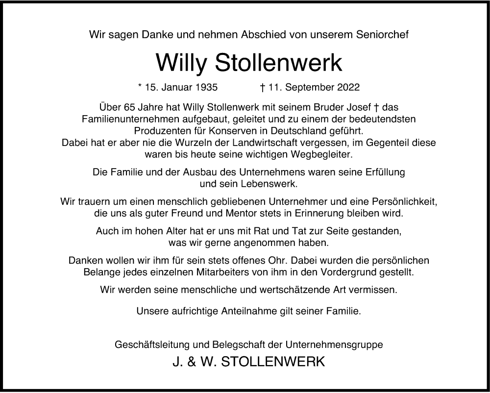  Traueranzeige für Willy Stollenwerk vom 23.09.2022 aus  Werbepost 