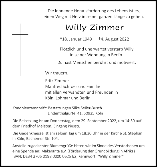 Anzeige von Willy Zimmer von Kölner Stadt-Anzeiger / Kölnische Rundschau / Express