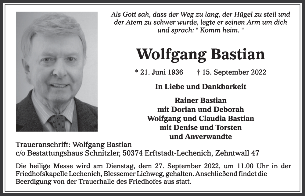  Traueranzeige für Wolfgang Bastian vom 23.09.2022 aus  Werbepost 
