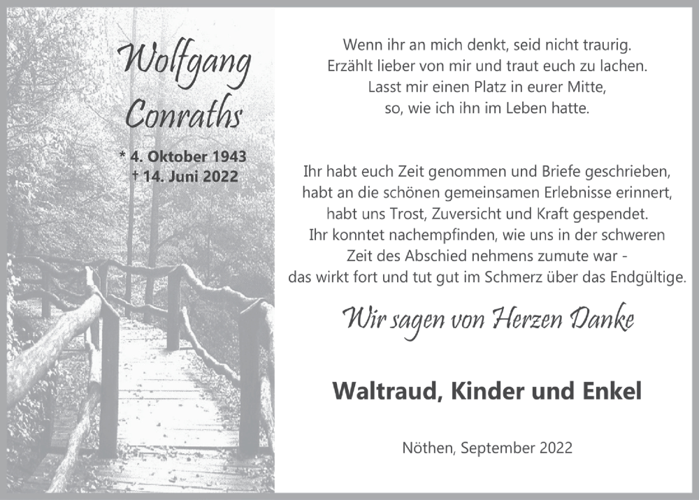  Traueranzeige für Wolfgang Conraths vom 03.09.2022 aus  Blickpunkt Euskirchen 