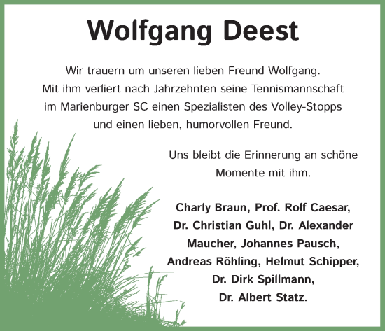 Anzeige von Wolfgang Deest von Kölner Stadt-Anzeiger / Kölnische Rundschau / Express