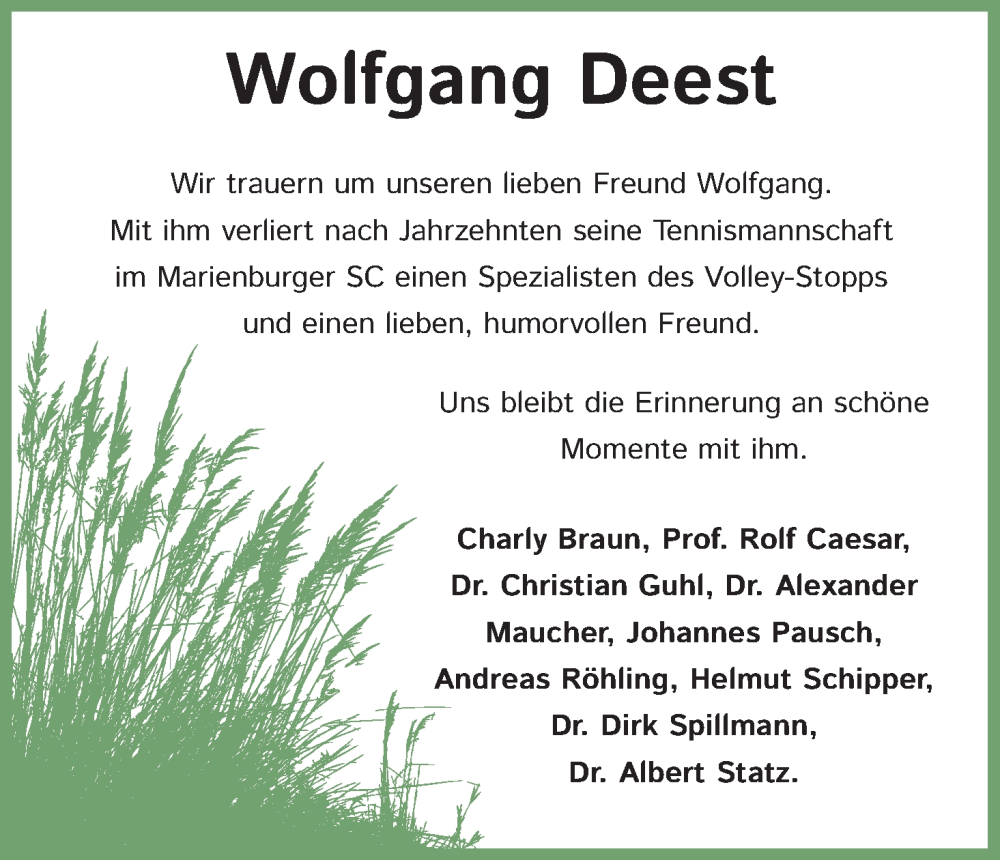  Traueranzeige für Wolfgang Deest vom 03.09.2022 aus Kölner Stadt-Anzeiger / Kölnische Rundschau / Express
