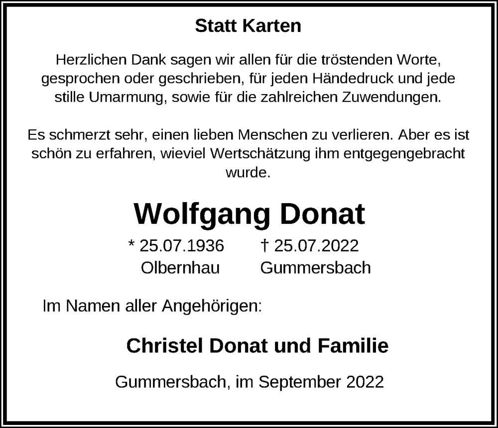  Traueranzeige für Wolfgang Donat vom 24.09.2022 aus Kölner Stadt-Anzeiger / Kölnische Rundschau / Express