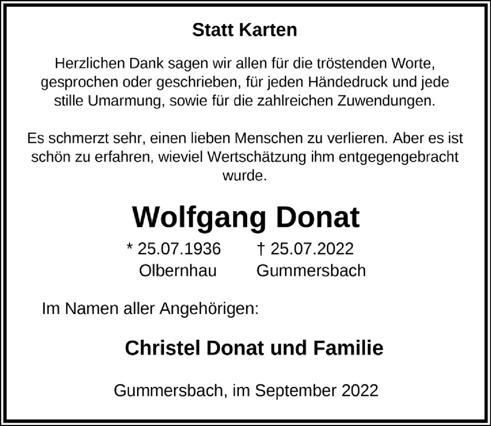  Traueranzeige für Wolfgang Donat vom 23.09.2022 aus  Anzeigen Echo 