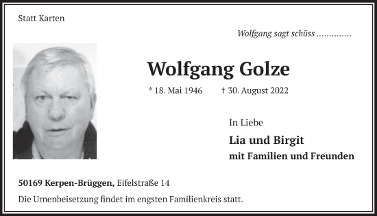 Anzeige von Wolfgang Golze von  Wochenende  Werbepost 