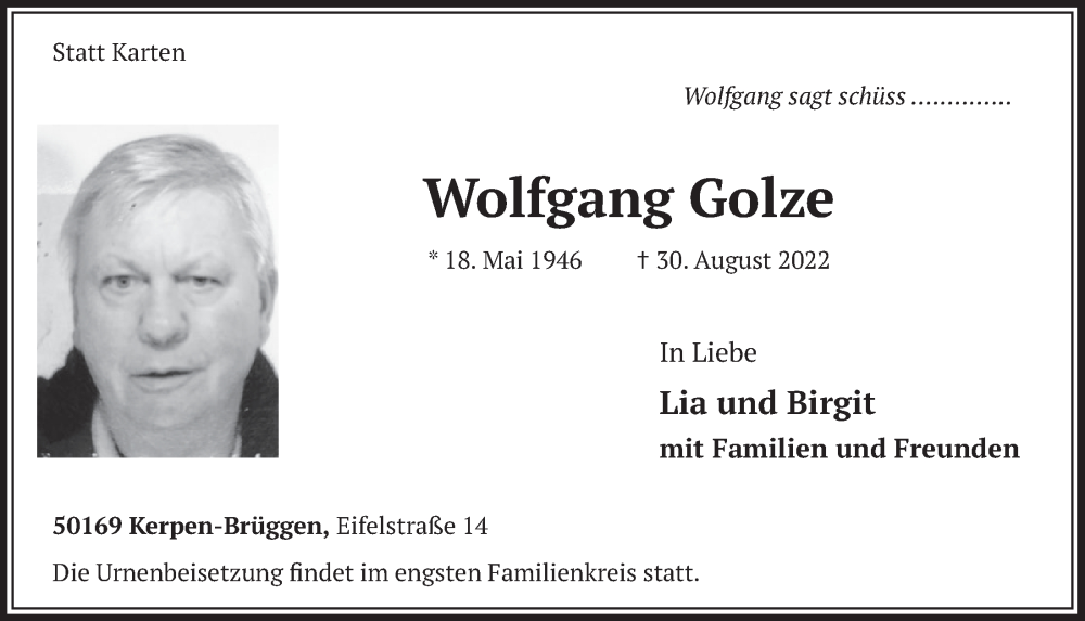  Traueranzeige für Wolfgang Golze vom 09.09.2022 aus  Wochenende  Werbepost 