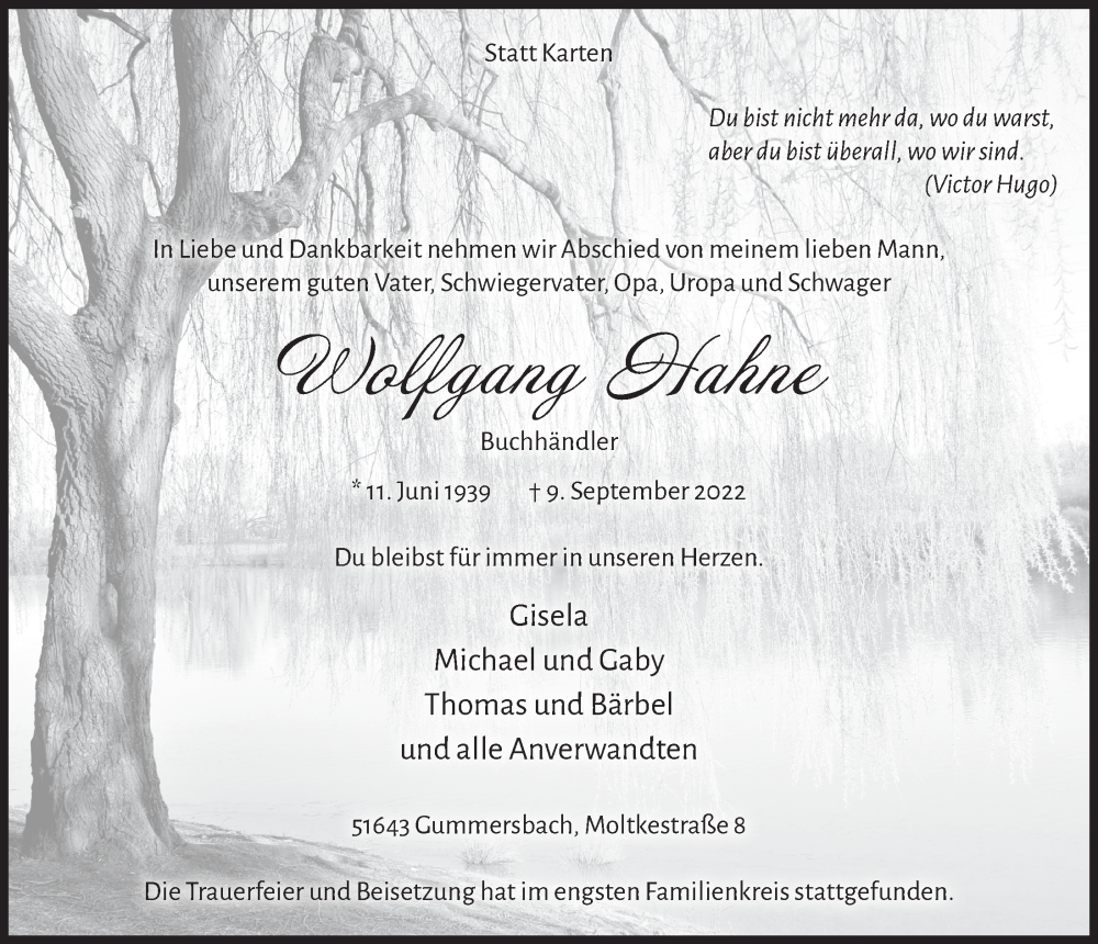  Traueranzeige für Wolfgang Hahne vom 30.09.2022 aus  Anzeigen Echo 