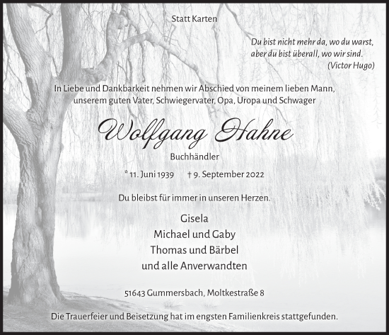Anzeige von Wolfgang Hahne von  Anzeigen Echo 