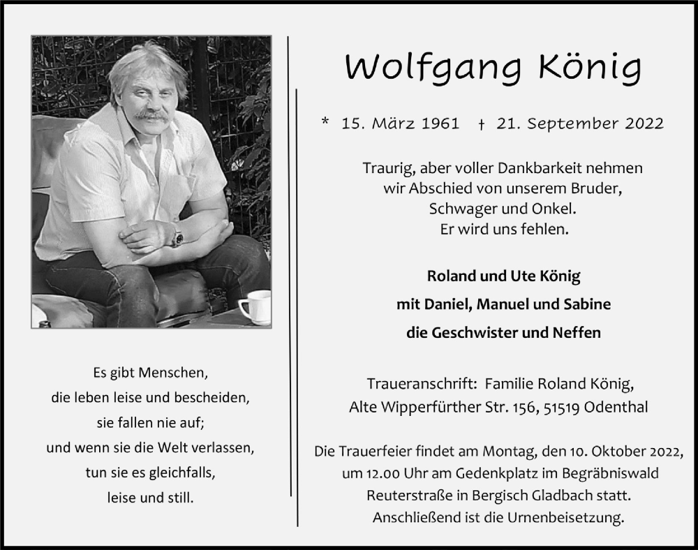  Traueranzeige für Wolfgang König vom 30.09.2022 aus  Bergisches Handelsblatt 