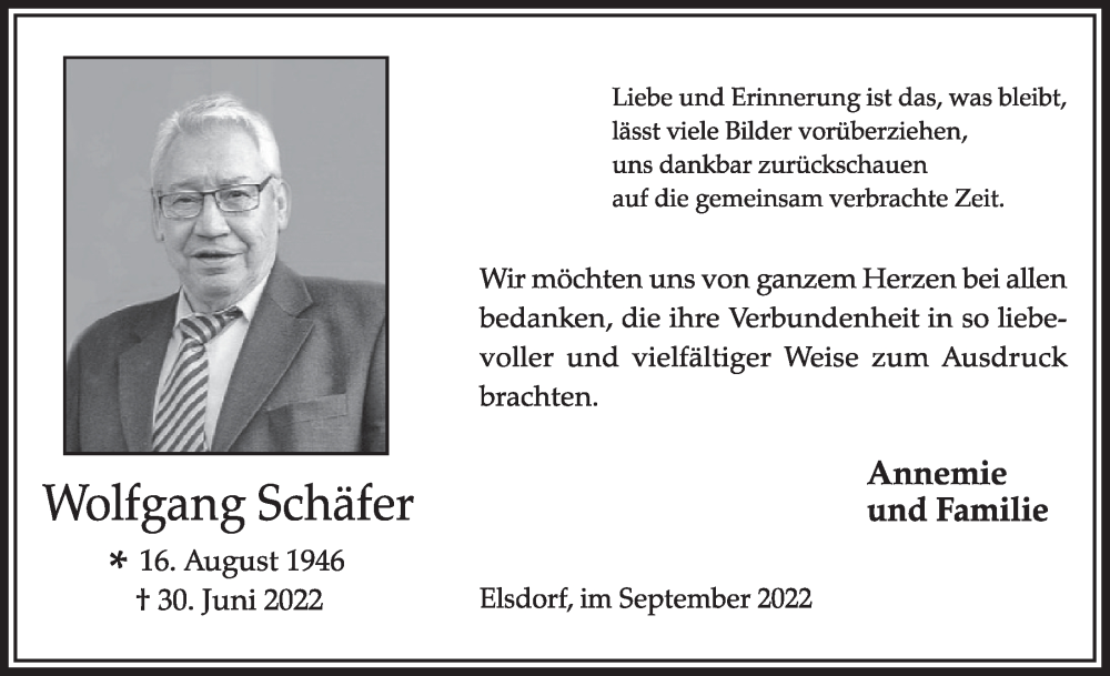  Traueranzeige für Wolfgang Schäfer vom 02.09.2022 aus  Werbepost 