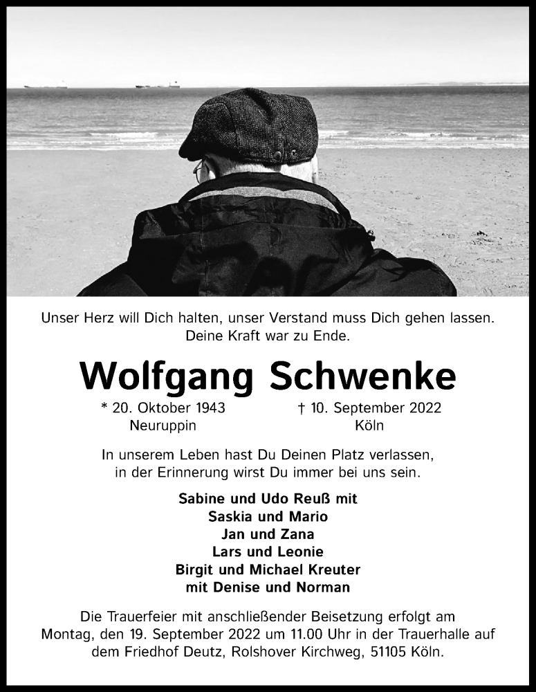  Traueranzeige für Wolfgang Schwenke vom 14.09.2022 aus Kölner Stadt-Anzeiger / Kölnische Rundschau / Express