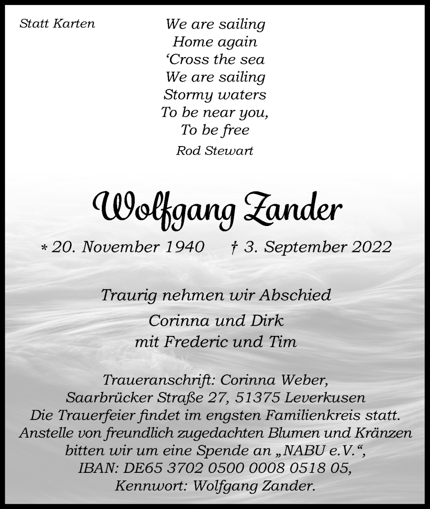  Traueranzeige für Wolfgang Zander vom 10.09.2022 aus Kölner Stadt-Anzeiger / Kölnische Rundschau / Express