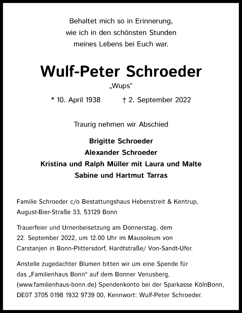  Traueranzeige für Wulf-Peter Schroeder vom 10.09.2022 aus Kölner Stadt-Anzeiger / Kölnische Rundschau / Express