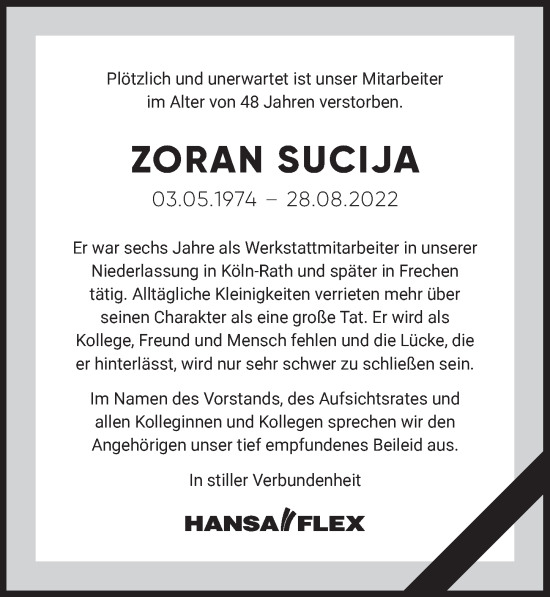 Anzeige von Zoran Sucija von  Extra Blatt 