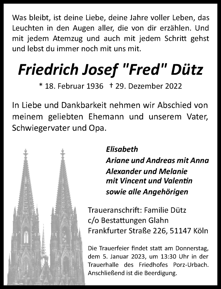  Traueranzeige für Friedrich Josef Dütz vom 04.01.2023 aus Kölner Stadt-Anzeiger / Kölnische Rundschau / Express