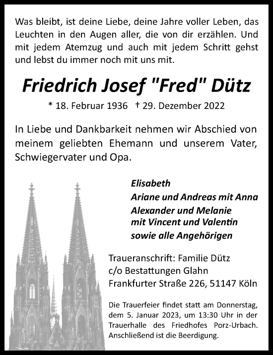 Anzeige von Friedrich Josef Dütz von Kölner Stadt-Anzeiger / Kölnische Rundschau / Express