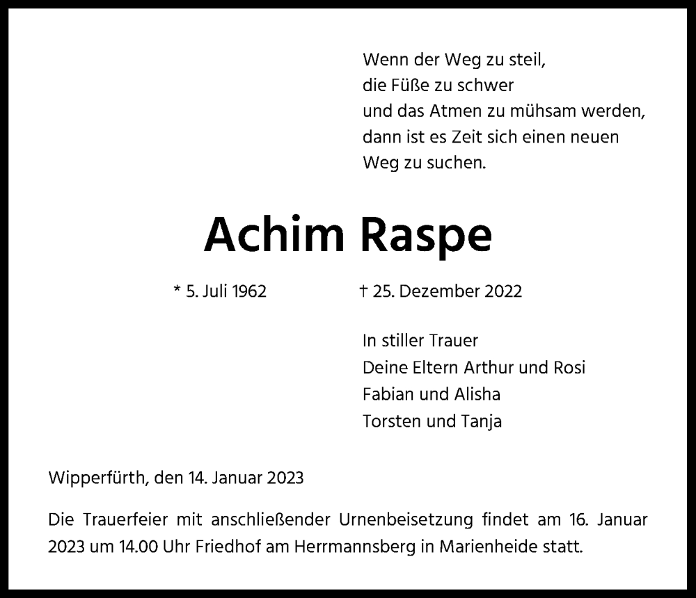  Traueranzeige für Achim Raspe vom 14.01.2023 aus Kölner Stadt-Anzeiger / Kölnische Rundschau / Express