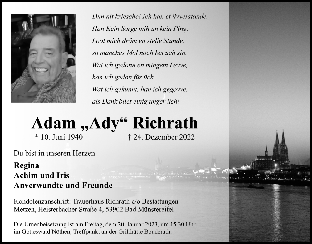  Traueranzeige für Adam  Richrath vom 07.01.2023 aus Kölner Stadt-Anzeiger / Kölnische Rundschau / Express