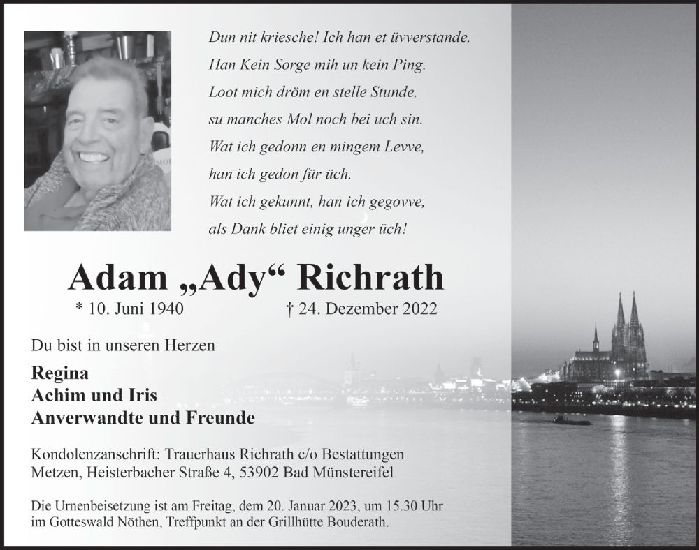  Traueranzeige für Adam  Richrath vom 14.01.2023 aus  Blickpunkt Euskirchen 