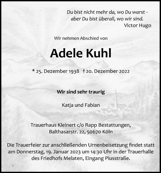 Anzeige von Adele Kuhl von Kölner Stadt-Anzeiger / Kölnische Rundschau / Express