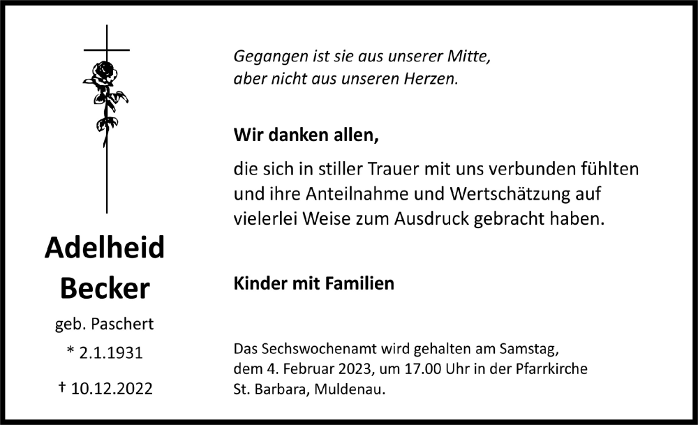  Traueranzeige für Adelheid Becker vom 28.01.2023 aus  Blickpunkt Euskirchen 