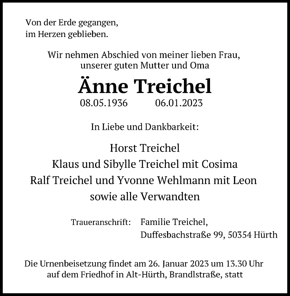  Traueranzeige für Änne Treichel vom 14.01.2023 aus Kölner Stadt-Anzeiger / Kölnische Rundschau / Express