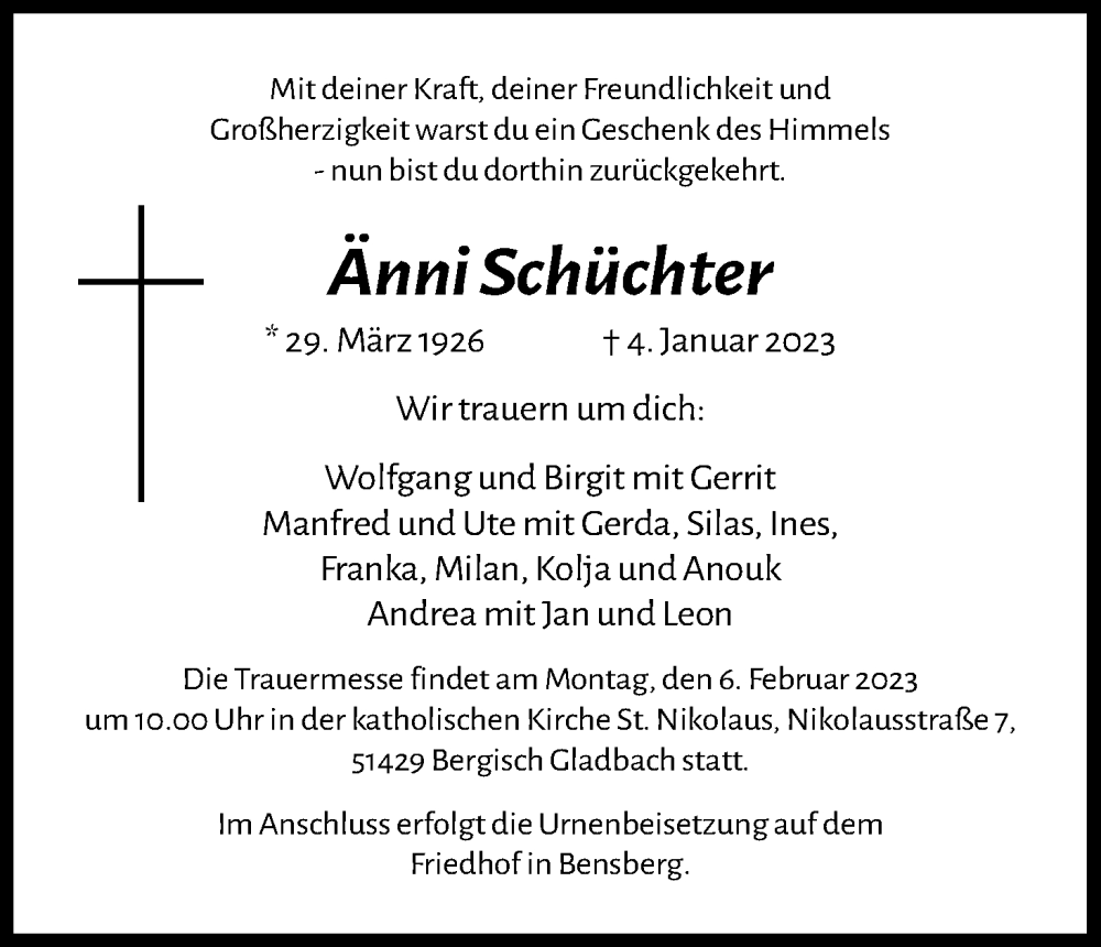  Traueranzeige für Änni Schüchter vom 21.01.2023 aus Kölner Stadt-Anzeiger / Kölnische Rundschau / Express