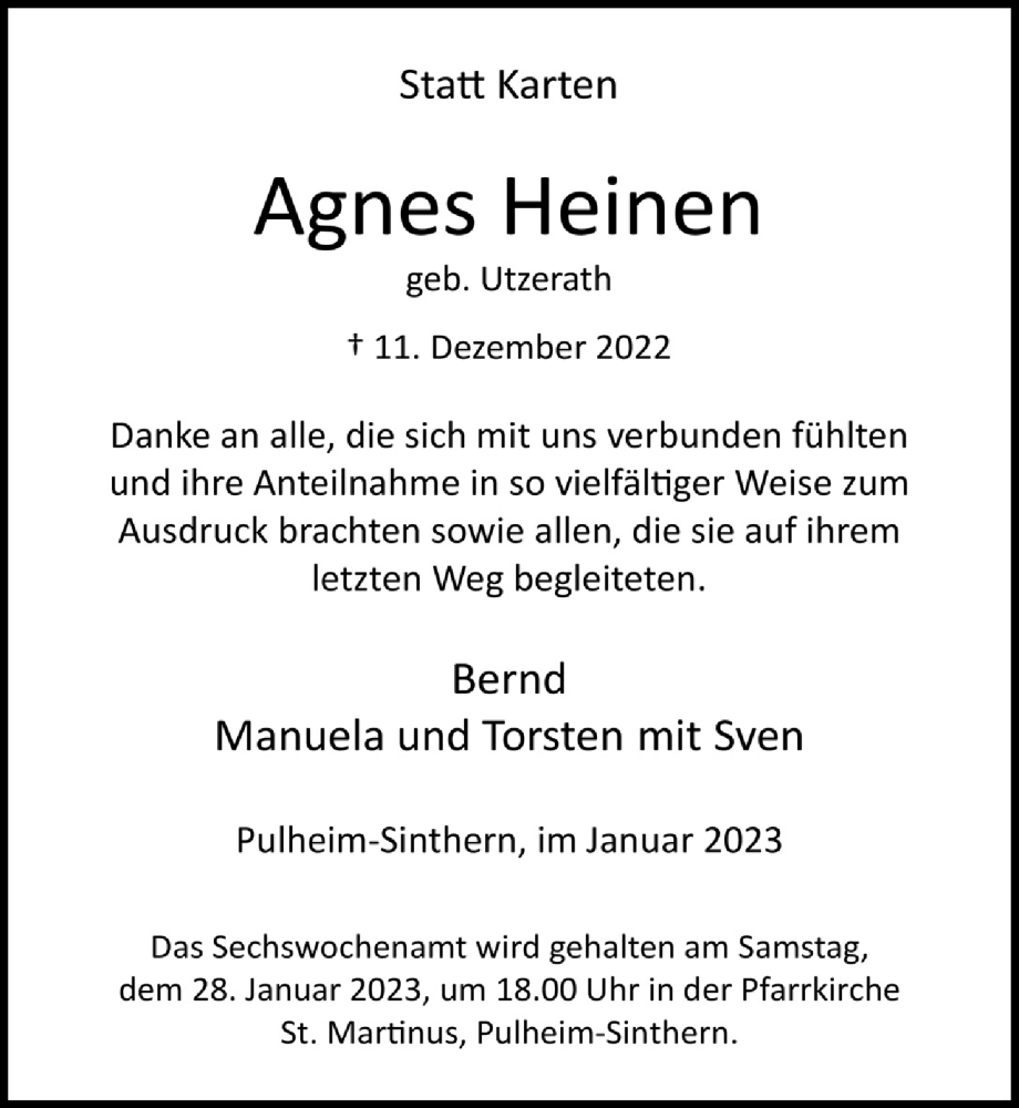  Traueranzeige für Agnes Heinen vom 13.01.2023 aus  Wochenende 