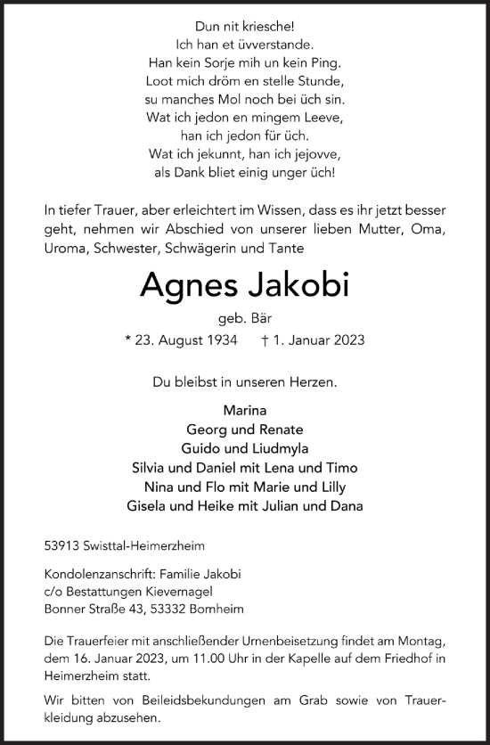 Anzeige von Agnes Jakobie von  Schaufenster/Blickpunkt 