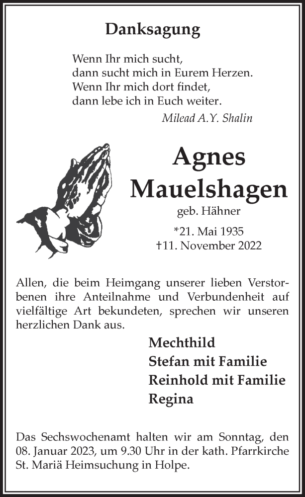  Traueranzeige für Agnes Mauelshagen vom 06.01.2023 aus  Lokalanzeiger 
