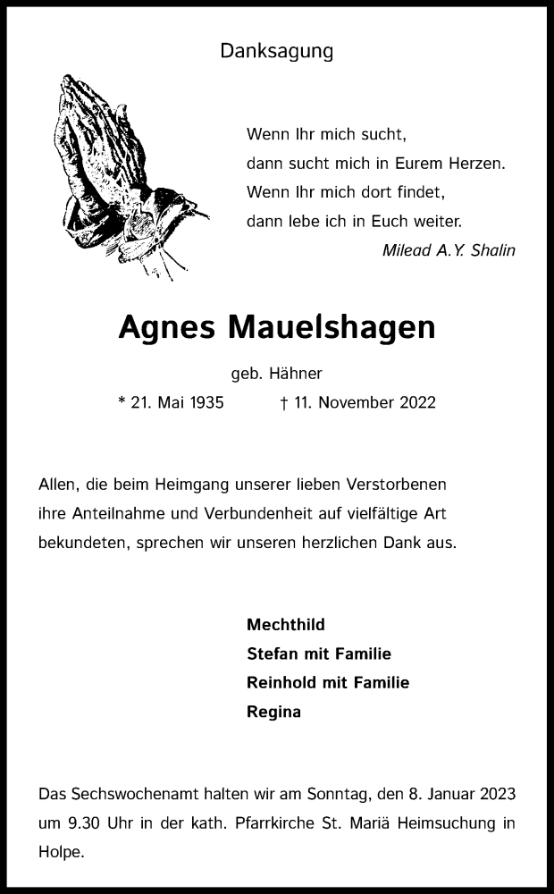  Traueranzeige für Agnes Mauelshagen vom 02.01.2023 aus Kölner Stadt-Anzeiger / Kölnische Rundschau / Express