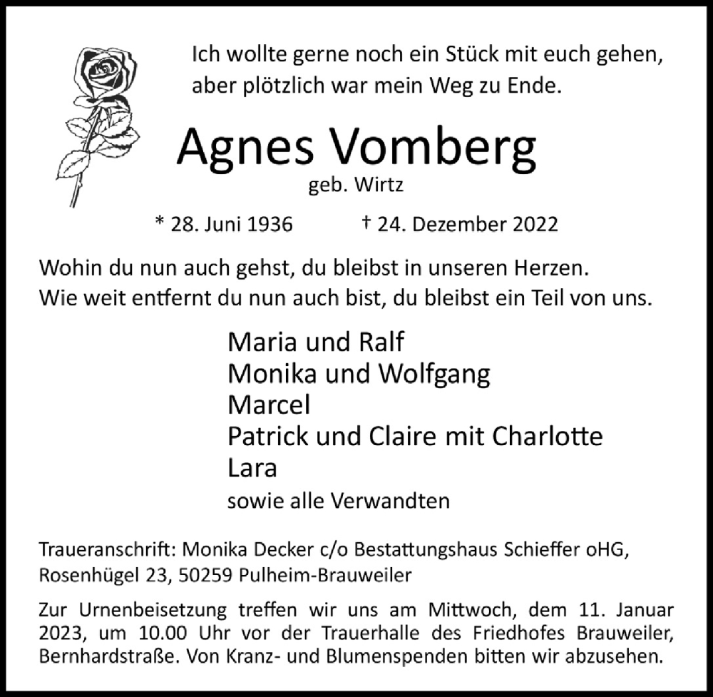  Traueranzeige für Agnes Vomberg vom 06.01.2023 aus  Wochenende 