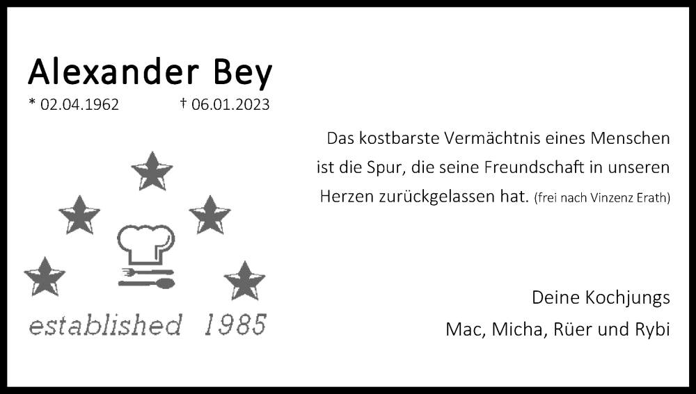  Traueranzeige für Alexander Bey vom 21.01.2023 aus Kölner Stadt-Anzeiger / Kölnische Rundschau / Express