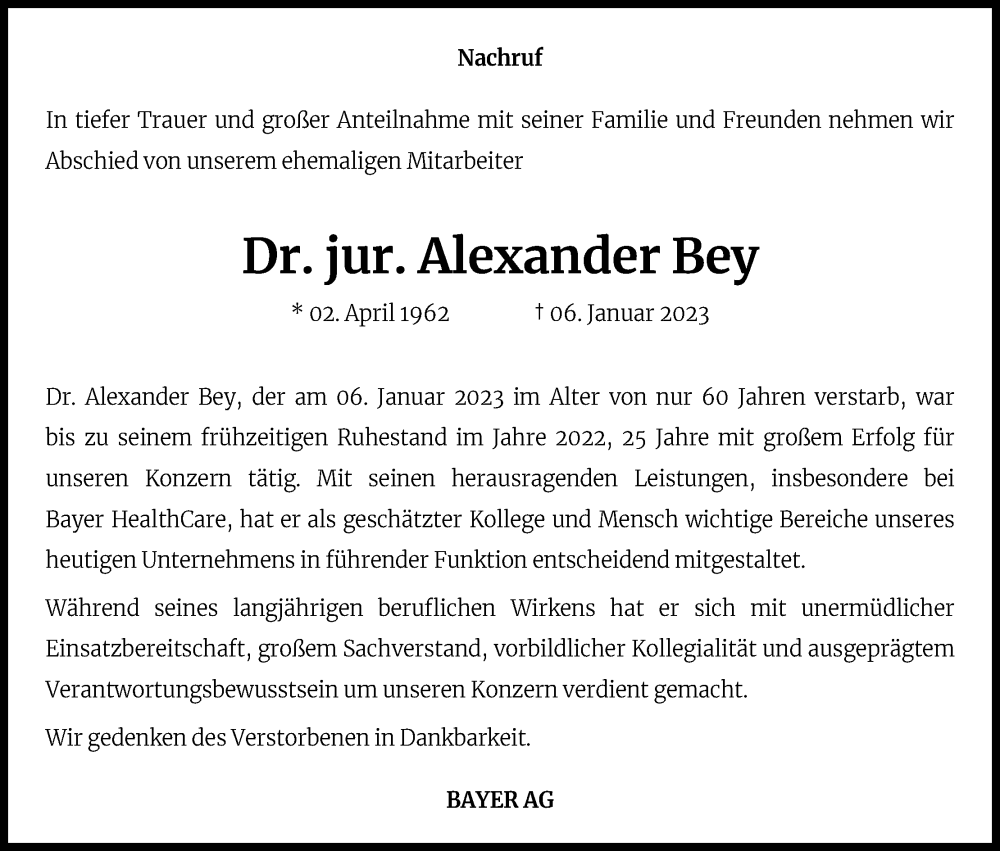  Traueranzeige für Alexander Bey vom 20.01.2023 aus Kölner Stadt-Anzeiger / Kölnische Rundschau / Express