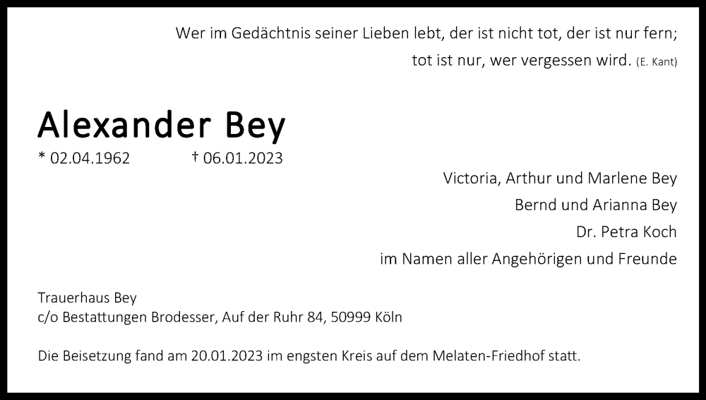  Traueranzeige für Alexander Bey vom 21.01.2023 aus Kölner Stadt-Anzeiger / Kölnische Rundschau / Express