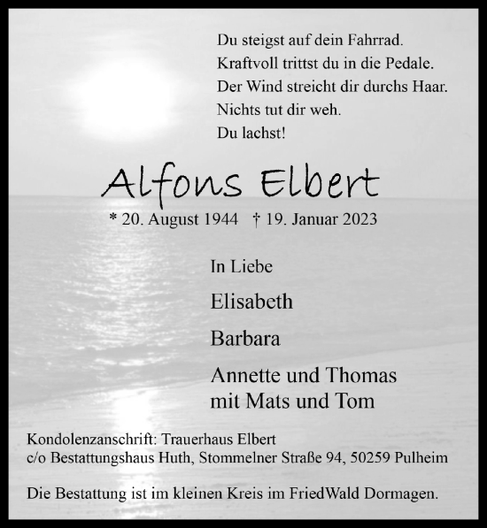 Anzeige von Alfons Elbert von  Wochenende 