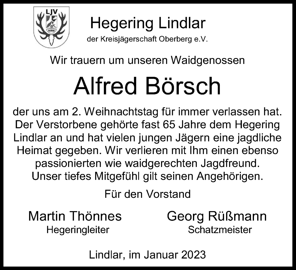  Traueranzeige für Alfred Börsch vom 21.01.2023 aus Kölner Stadt-Anzeiger / Kölnische Rundschau / Express