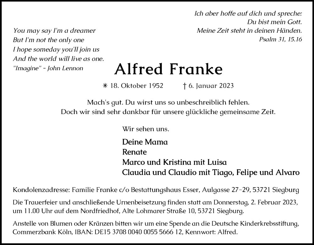 Traueranzeige für Alfred Franke vom 28.01.2023 aus Kölner Stadt-Anzeiger / Kölnische Rundschau / Express
