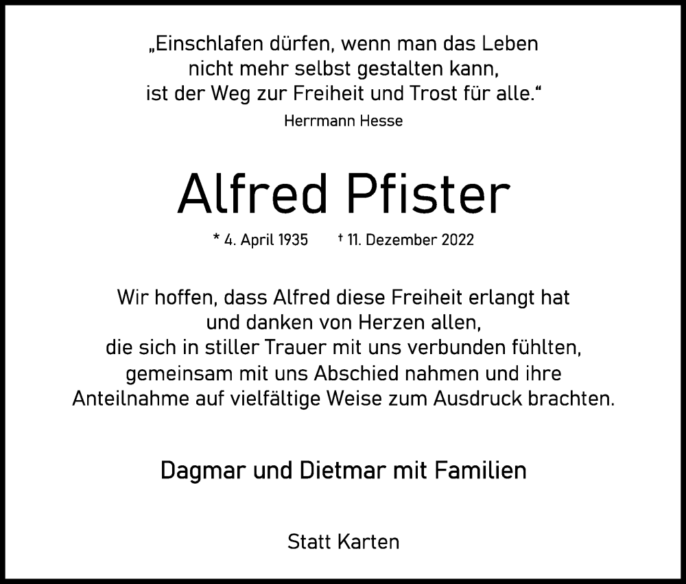  Traueranzeige für Alfred Pfister vom 14.01.2023 aus Kölner Stadt-Anzeiger / Kölnische Rundschau / Express