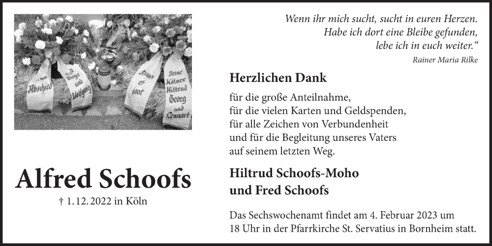  Traueranzeige für Alfred Schoofs vom 27.01.2023 aus  Schaufenster/Blickpunkt 
